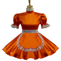 French Sexy Sissy Maid Orange Satin Dress Lockable Uniform Cosplay Costume Custom-Made[G584]