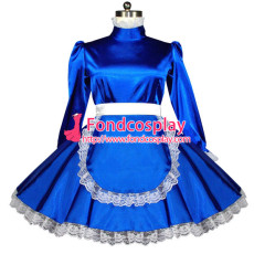 French Sexy Sissy Maid Blue Satin Dress Lockable Uniform Cosplay Costume Custom-Made[G558]