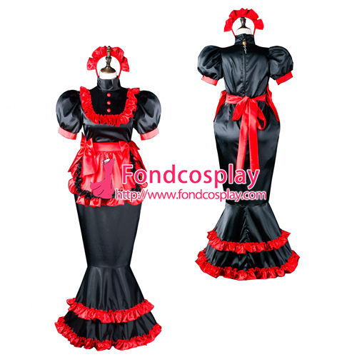 French Sissy Maid Black Satin Dress Uniform Cosplay Costume Tailor-made 