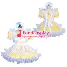 French lockable yellow sissy maid satin dress unisex Tailor-made[G3916]