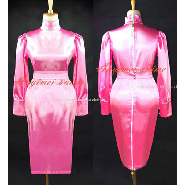 US French Sissy Maid Gothic Lolita Pink Satin Dress Cosplay Costume Custom Made G