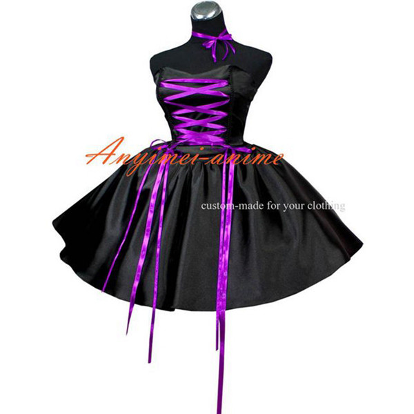 fondcosplay adult sexy cross dressing sissy maid short Gothic lolita punk ball gown black satin dress costume CD/TV[G420]