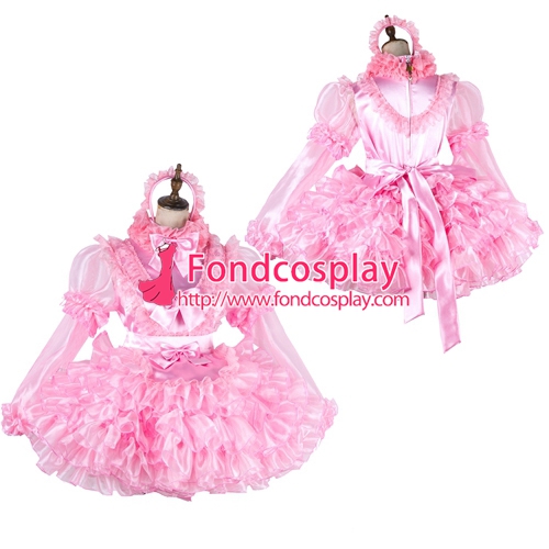 Lockable Sissy Maid Pink Satin Organza Dress Uniform Cosplay Costume 