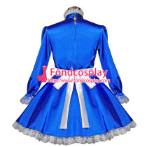French Sexy Sissy Maid Blue Satin Dress Lockable Uniform Cosplay Costume Custom-Made[G558]