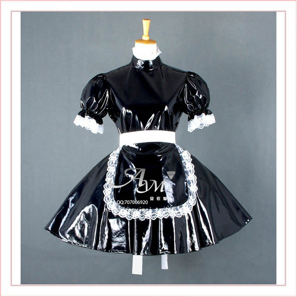 Us 8901 French Sexy Sissy Maid Black Pvc Dress Lockable Uniform 