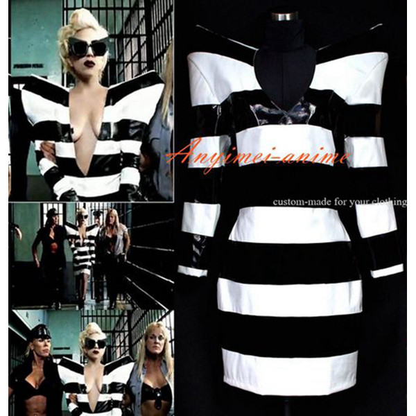 Usa Lady Gaga Style Elephone Black And White Stripe Pvc Dress Cosplay Costume Tailor-Made[G460]