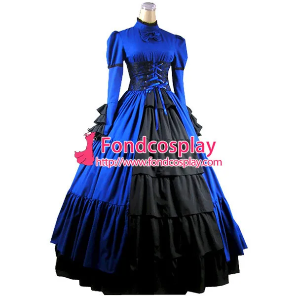 Gothic Lolita Punk Medieval Gown Blue And Black Ball Long Evening Dress Jacket Tailor-Made[CK1374]