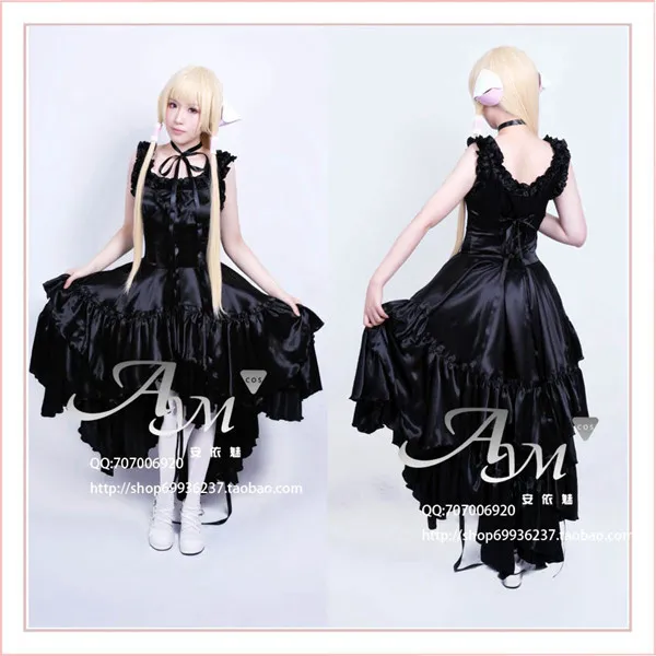 Gothic Lolita Chobits Chii Black Satin Dress Cosplay Costume Tailor-Made[G648]