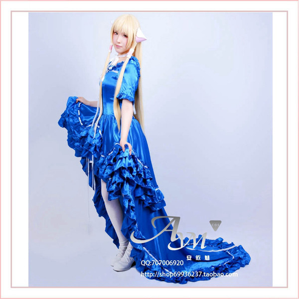 Chobits Chii Blue Satin Dress Cosplay Costume Tailor-Made[G518]