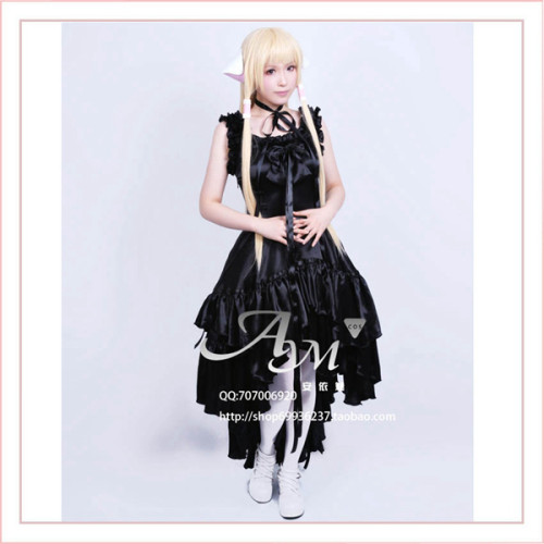 Gothic Lolita Chobits Chii Black Satin Dress Cosplay Costume Tailor-Made[G648]