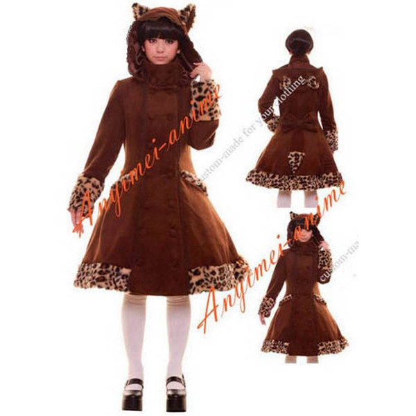 Gothic Lolita Punk Sweet Cat'S Ear Brown Wool Coat Jacket With Cape Cosplay Costume Tailor-Made[CK1343]