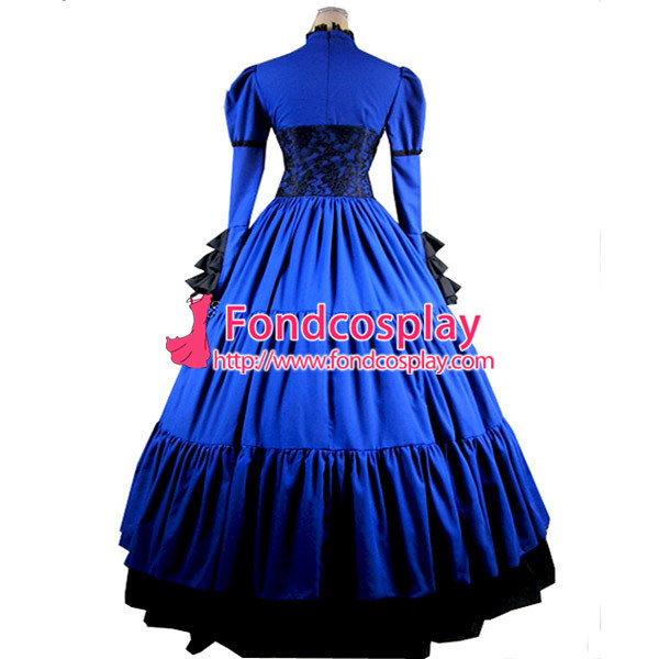 Gothic Lolita Punk Medieval Gown Blue And Black Ball Long Evening Dress Jacket Tailor-Made[CK1374]