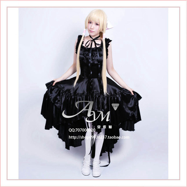 Gothic Lolita Chobits Chii Black Satin Dress Cosplay Costume Tailor-Made[G648]