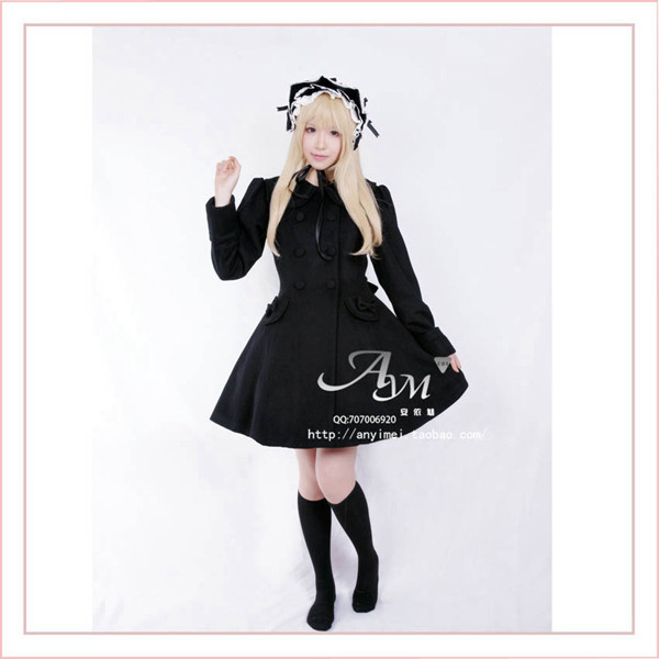 Gothic Lolita Punk Wool Black Coat Jacket Dress Cosplay Costume Custom-Made[G662]
