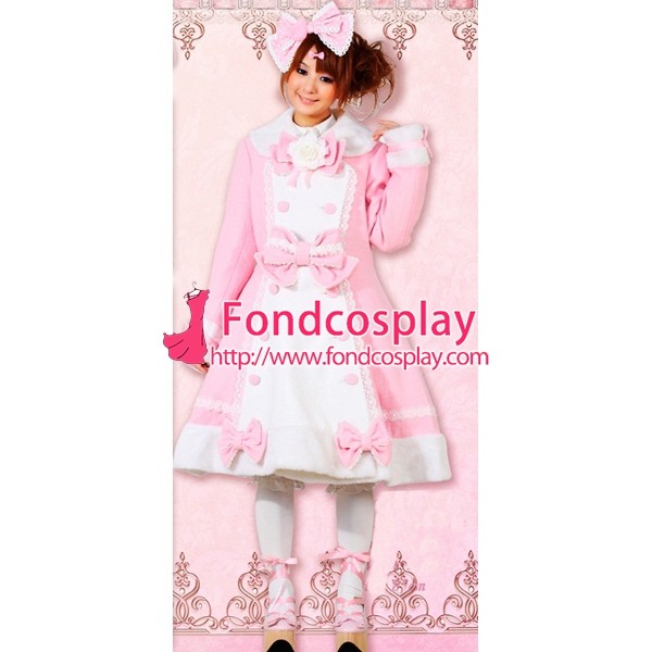Gothic Lolita Punk Sweet Pink And White Wool Coat Jacket Bowknot Cosplay Costume Tailor-Made[CK1345]