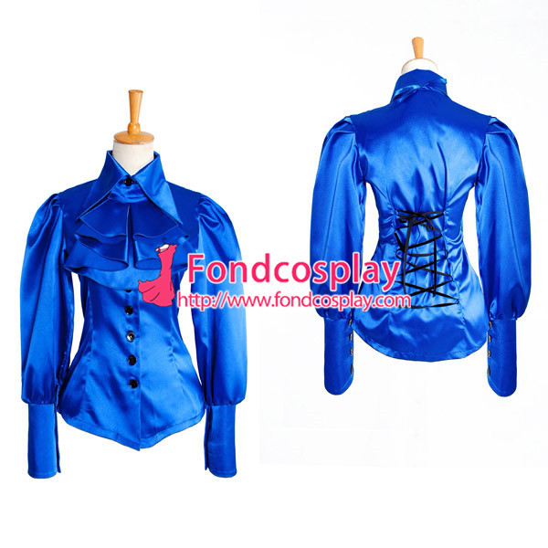 Blue Satin Shirt Bow Tie Blouse Cosplay Costume Tailor-Made[G1035]