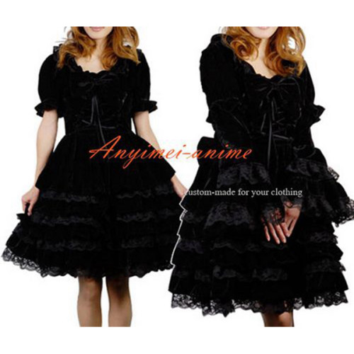 Gothic Lolita Dress Black Velvet Ball Maid Bowknot Dress Cosplay Costume Custom-Made[CK1261]