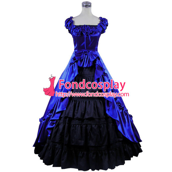 Gothic Lolita Punk Medieval Gown Blue And Black Ball Long Evening Dress Jacket Tailor-Made[CK1411]