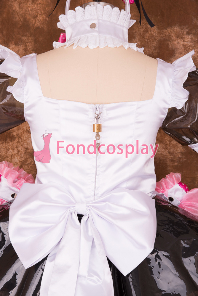 fondcosplay adult sexy cross dressing sissy maid short Lockable Black Clear PVC Dress white apron Uniform CD/TV[T003]