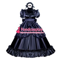 French Sissy Maid Lockable Black Satin Dress Uniform Cosplay Costume Tailor-made[G3989]