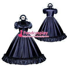 French Sissy Maid Lockable Black Satin Dress Uniform Cosplay Costume Tailor-made[G3988]
