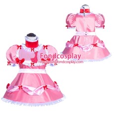 French Sissy Maid Lockable Baby Pink Satin Dress Uniform Cosplay Costume Tailor-made[G3998]