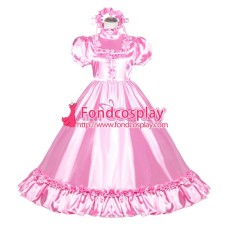 French Sissy Maid Lockable Baby Pink satin long Dress Uniform Cosplay Costume Tailor-made[G4008]