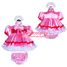 French Sissy Maid Lockable pink Organza satin Dress Uniform Cosplay Costume Tailor-made[G4027]