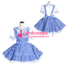 French Sissy Maid Lockable Blue plaid cotton Dress Uniform Cosplay Costume Tailor-made[G4014]