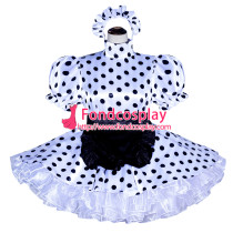 French Sissy Maid Lockable white dots satin Dress Uniform Cosplay Costume Tailor-made[G4019]