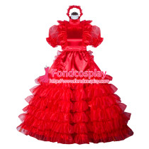 French Red Organza Satin Sissy maid dress lockable lolita TV costume Tailor-made[G4024]