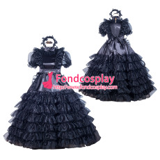 French Black Organza Satin Sissy maid dress lockable lolita TV costume Tailor-made[G4025]