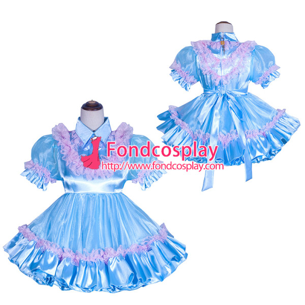 French Sissy Maid Lockable blue satin Organza Dress Uniform Cosplay Costume Tailor-made[G4059]