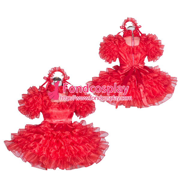 French Sissy Maid Lockable Red Organza satin Dress Uniform Cosplay Costume Tailor-made[G4064]
