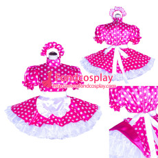 French Sissy Maid Lockable hot pink dots satin Dress Uniform Cosplay Costume Tailor-made[G4022]