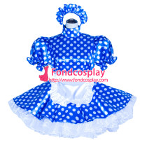 French Sissy Maid Lockable Blue dots satin Dress Uniform Cosplay Costume Tailor-made[G4017]