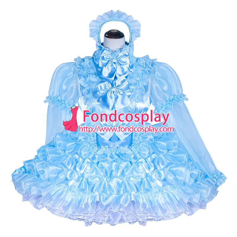 French Sissy Maid Lockable blue Organza satin Dress Uniform Cosplay Costume