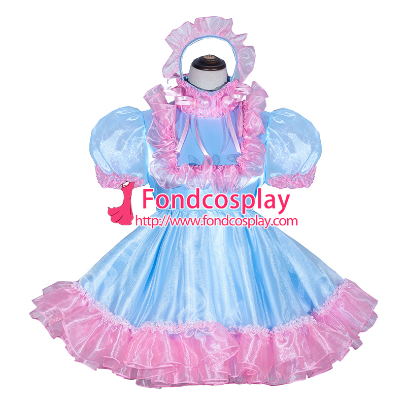 French Sissy Maid Lockable blue Organza satin Dress Uniform Cosplay Costume