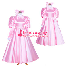 French Sissy Maid Lockable Baby Pink satin long Dress Uniform Cosplay Costume Tailor-made[G4036]