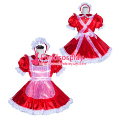 French Sissy Maid Lockable Red satin Dress Uniform Cosplay Costume Tailor-made[G4018]