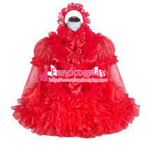 French Sissy Maid Lockable Red Organza satin Dress Uniform Cosplay Costume Tailor-made[G4016]