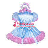 French Sissy Maid Lockable blue satin pink Organza Dress Uniform Cosplay Costume Tailor-made[G4055]