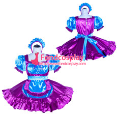 French Sissy Maid Lockable Blue purple satin Dress Uniform Cosplay Costume Tailor-made[G4015]