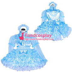 French Sissy Maid Lockable blue Organza satin Dress Uniform Cosplay Costume Tailor-made[G4023]