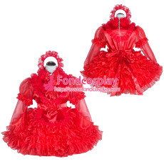 French Sissy Maid Lockable Red Organza satin Dress Uniform Cosplay Costume Tailor-made[G4016]