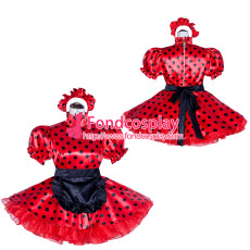 French Sissy Maid Lockable Red dots satin Dress Uniform Cosplay Costume Tailor-made[G4021]