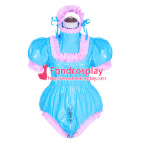 French Sissy Maid Lockable Blue PVC Romper Dress Uniform Cosplay Costume Tailor-made[G4050]