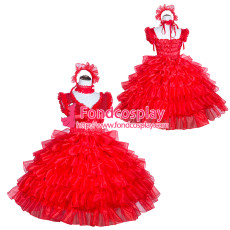 French Sissy Maid Red satin Organza Dress Uniform Cosplay Costume Tailor-made[G4009]