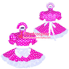 French Sissy Maid Lockable hot pink dots satin Dress Uniform Cosplay Costume Tailor-made[G4045]