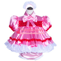French Sissy Maid Lockable pink Organza satin Dress Uniform Cosplay Costume Tailor-made[G4027]